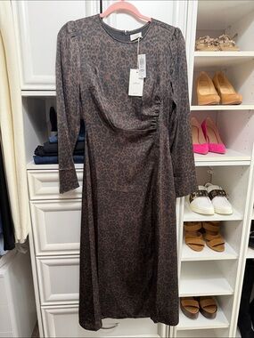 Aritzia Brown Leopard-Print Long Sleeve Midi Dress